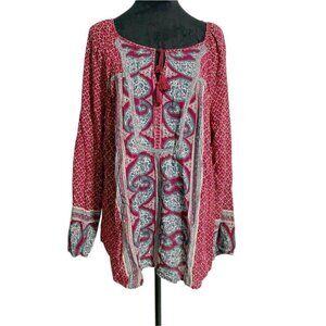 Lucky Brand Size 1X  Top Blouse Boho Gypsy  Paisley Long Sleeve